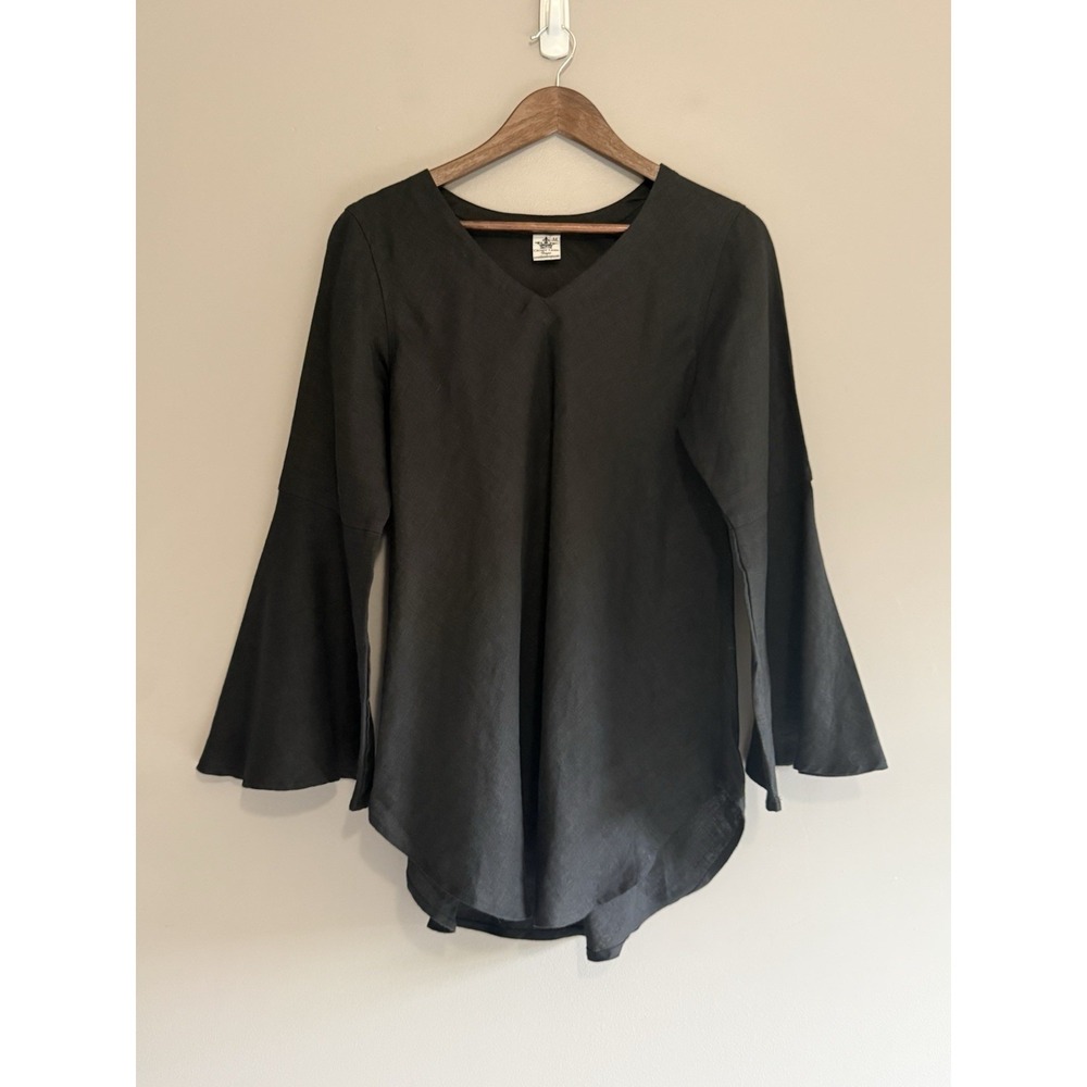 Crown Linen Designs Linen Top Bell Sleeve Black Tunic V Neck Beach Lagenlook M - Picture 4 of 15